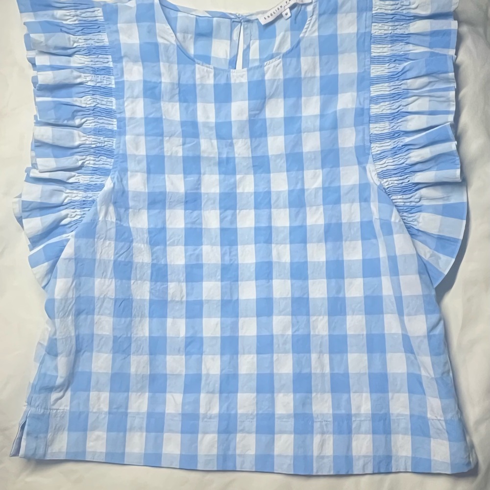 English Factory Blue and White Ruffled Flutter Sleeve Blouse